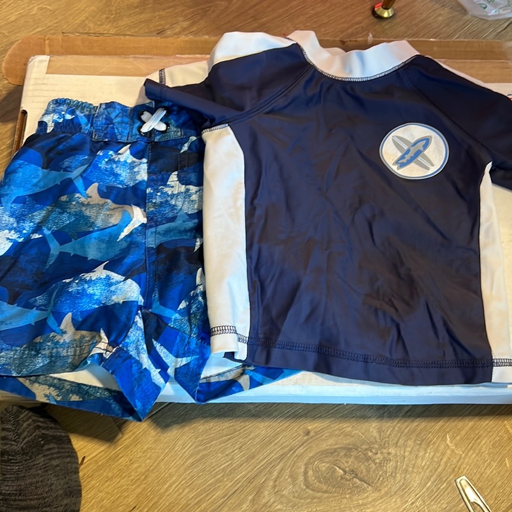 Baby boy shark rash guard and swim trunk set 12 months